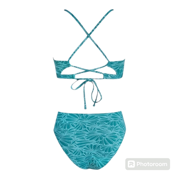 Cupshe Two Piece Swimwear Scalloped Vneck High Waisted Bralette Cyan - Picture 4 of 5